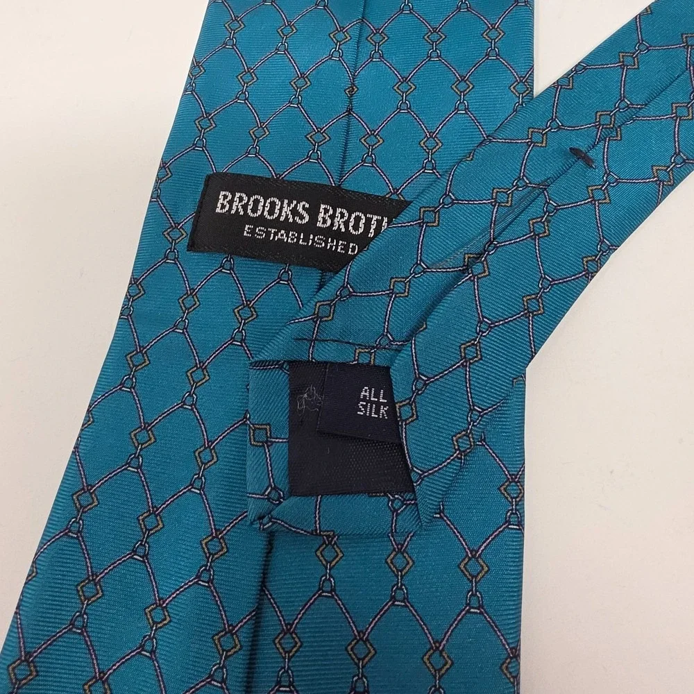 Brooks Brothers Tie OS Geometric Chain Link Silk Classic Teal Blue Mens